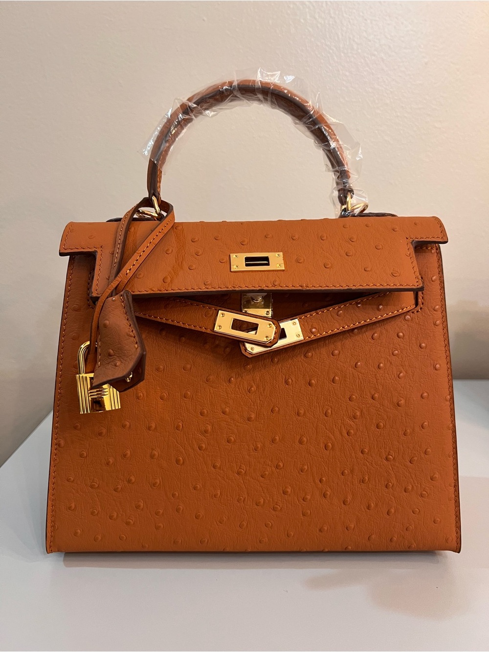 Non-Branded 25cm Ostrich-Embossed Leather Bag, Gold Hardware